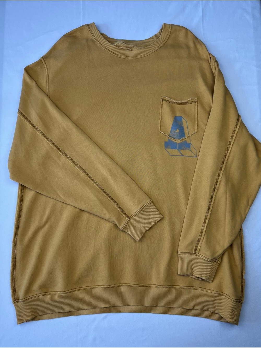 Aerie Women Sweatshirt Oversized Pocket Graphic Mustard Yellow Large Pullover